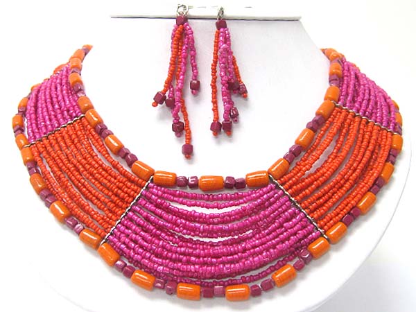 Wide ethnic style glass and seed beads necklace earring set 