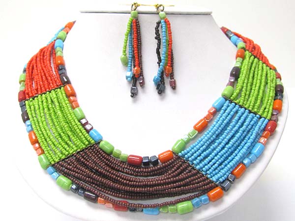 Wide ethnic style glass and seed beads necklace earring set 