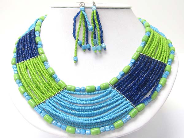 Wide ethnic style glass and seed beads necklace earring set 