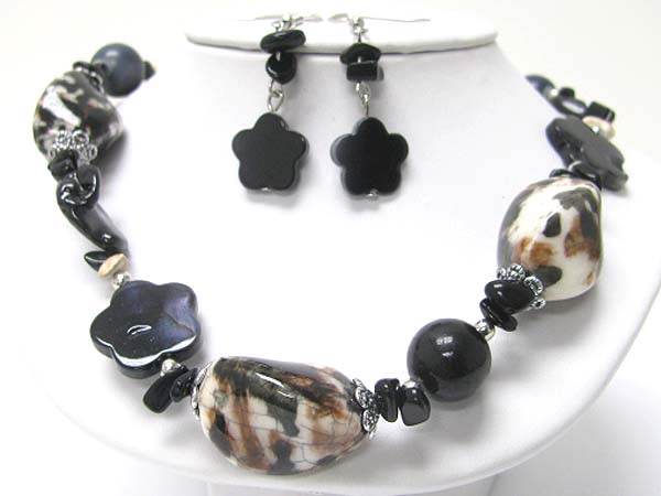 Natural stone and sea shell part link necklace earring set