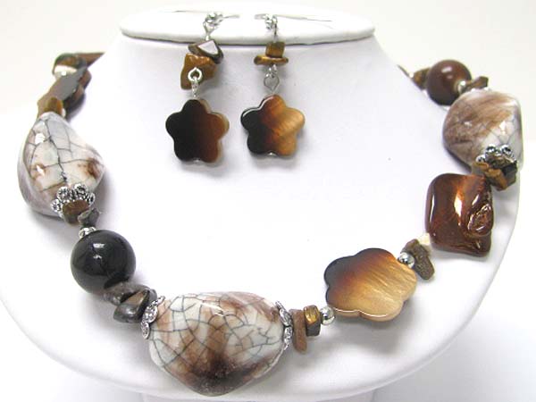 Natural stone and sea shell part link necklace earring set