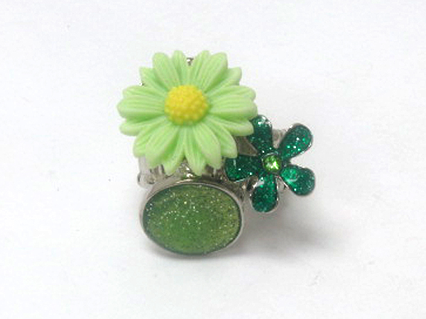 Round metal and flower glittering patern acry flower stretch ring