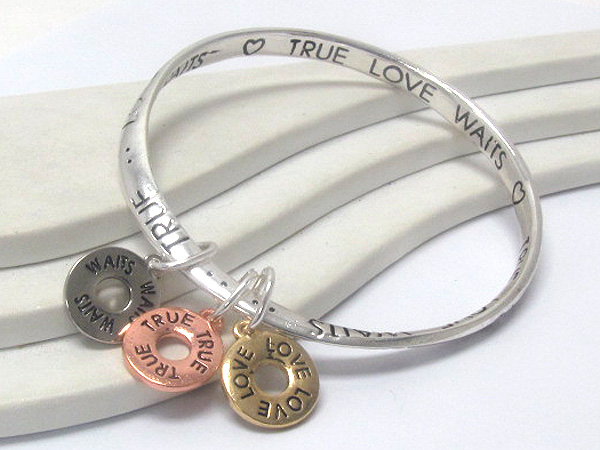 Metal fashion bend and three metal rings theme charm inspiration message true love waits  hinge bangle