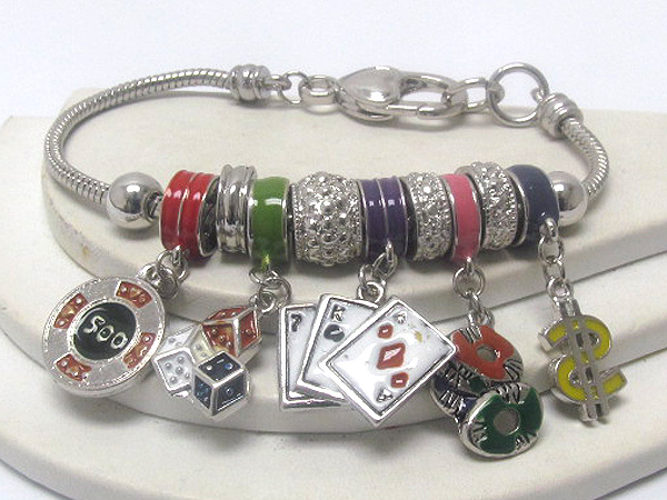 Crystal metal fashion casino theme and multi metal and epoxy rings chain bracelet