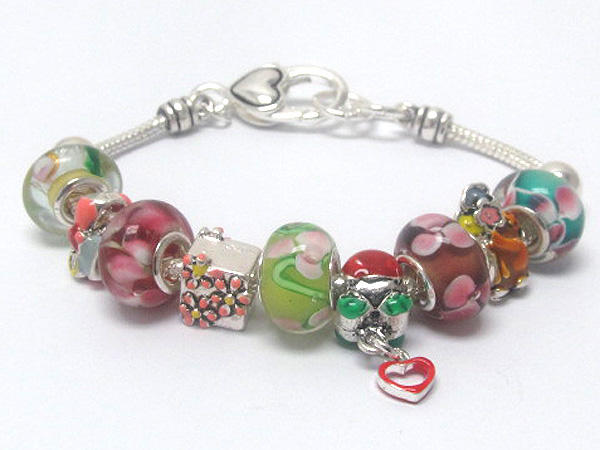 Flower metal epoxy theme and multi murano glass ring link pandora style bracelet