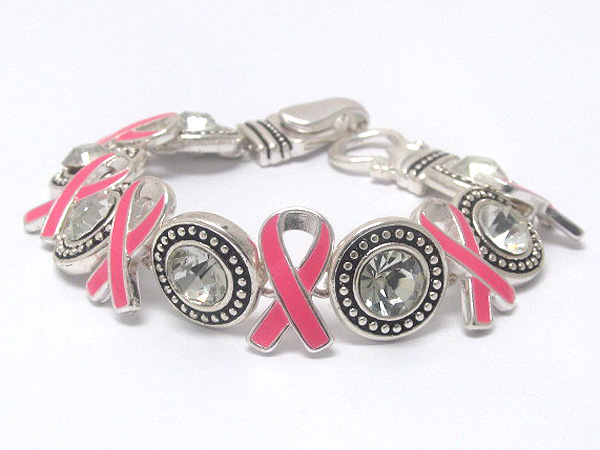 Crystal and pink ribbon theme link magnetic bracelet - breast cancer awareness