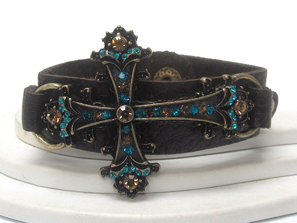 Crystal stud cross and synthtic leather band bracelet