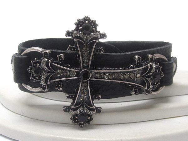 Crystal stud cross and synthtic leather band bracelet