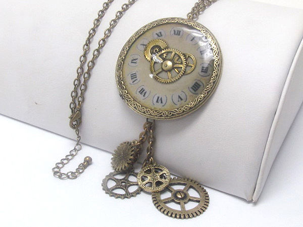 Burnish metal antique clock pendant long necklace