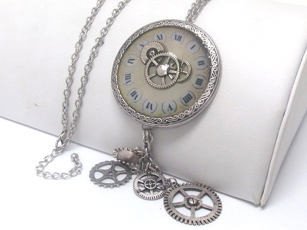 Burnish metal antique clock pendant long necklace