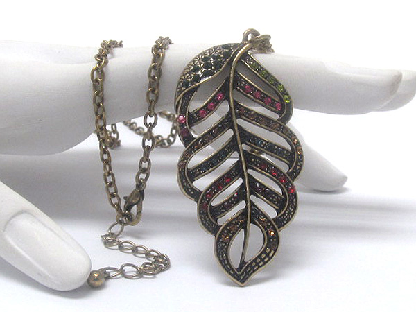 Multi crystal metal fashion leaf long chain necklace 