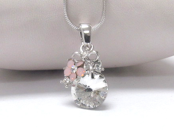 Made in korea whitegold plating crystal ribbon with flower and circle pendant necklace