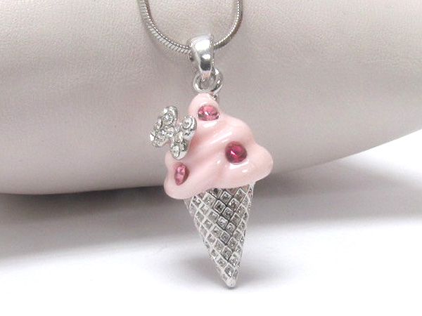 Made in korea whitegold plating crystal stud ice cream cone with bow pendant necklace