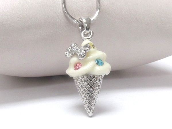 Made in korea whitegold plating crystal stud ice cream cone with bow pendant necklace