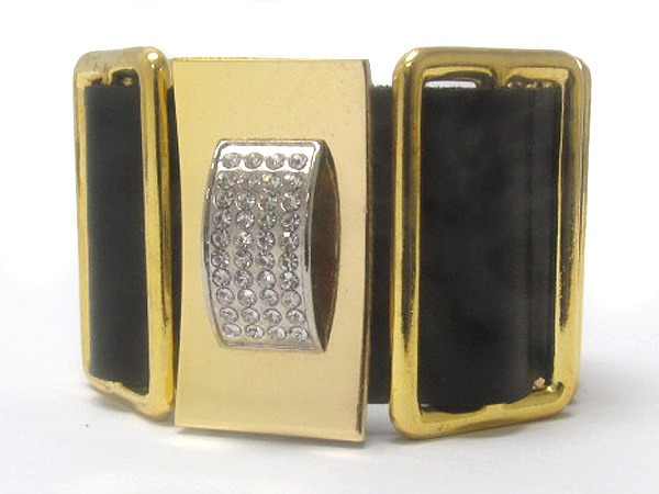 Synthetic leather and crystal square patern metal deco buckle bracelet