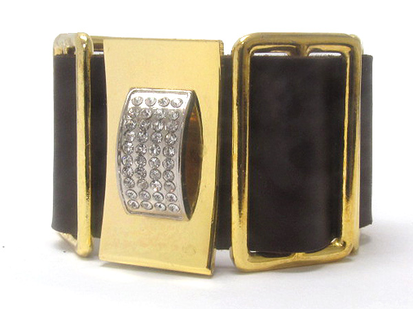 Synthetic leather and crystal square patern metal deco buckle bracelet