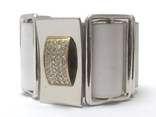 Synthetic leather and crystal square patern metal deco buckle bracelet