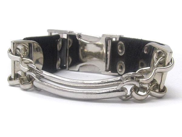 Synthetic leather on ends and two metal fashion bars buckle bracelet