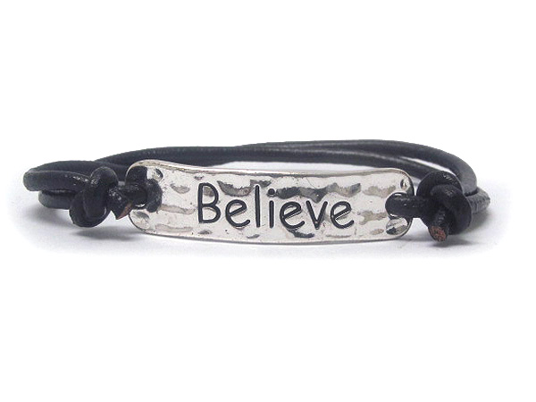 Metal deco believe message hammered plate and cord friendship bracelet