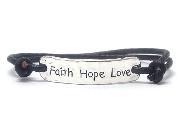 Metal deco faith hope love message hammered plate and cord friendship bracelet