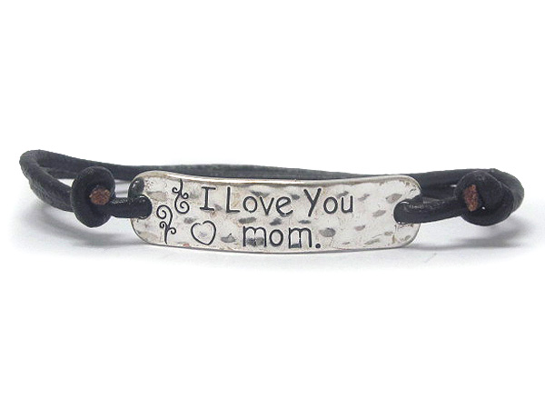 Metal deco i love you mom message hammered plate and cord friendship bracelet