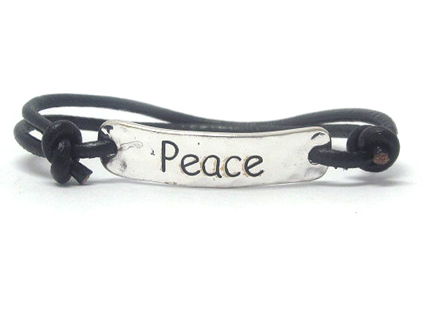 Metal deco peace message hammered plate and cord friendship bracelet