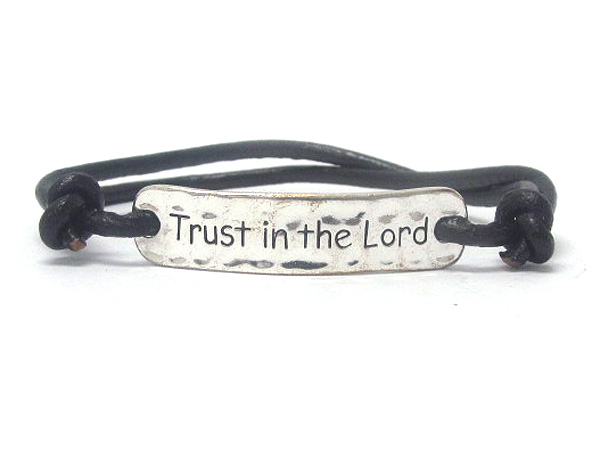 Metal deco trust in the lord message hammered plate and cord friendship bracelet