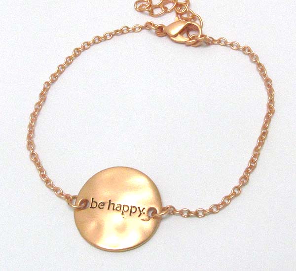 Message on hammered and curved disk bracelet - be happy