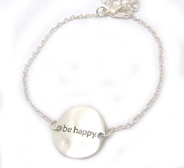 Message on hammered and curved disk bracelet - be happy