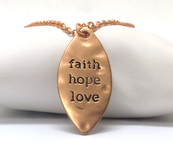 Message on hammered oval necklace - faith hope love