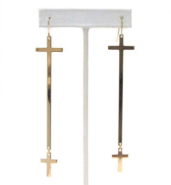 Plain metal long and double cross drop earring