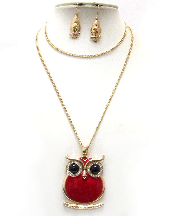 Crystal and epoxy deco owl pendant and long chain necklace earring set