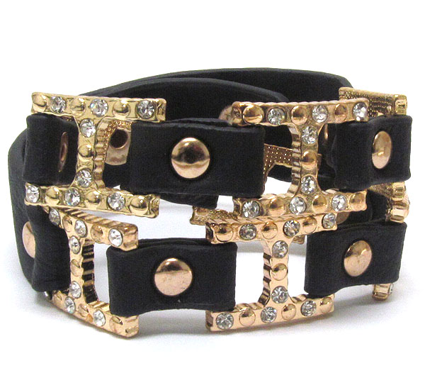 Crystal deco designer style metal and leatherette band wrap bracelet