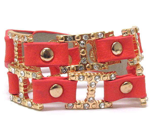 Crystal deco designer style metal and leatherette band wrap bracelet