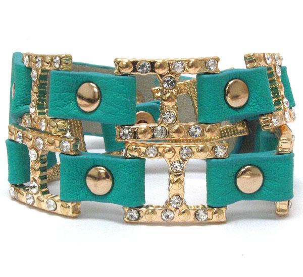 Crystal deco designer style metal and leatherette band wrap bracelet