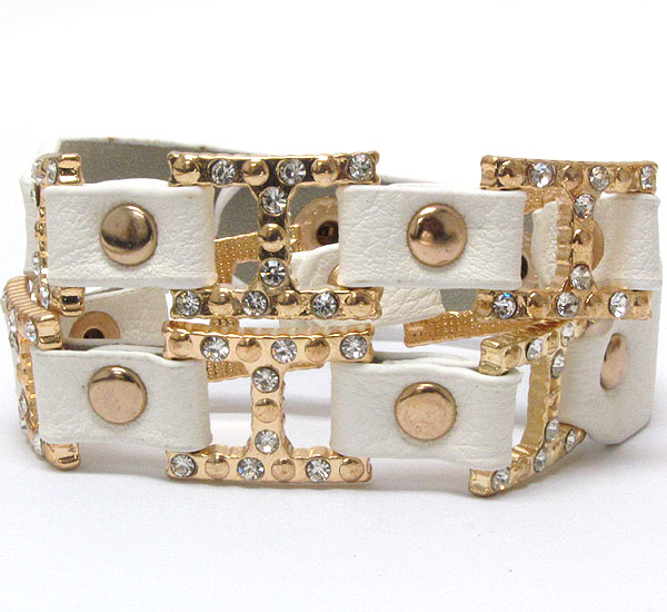 Crystal deco designer style metal and leatherette band wrap bracelet