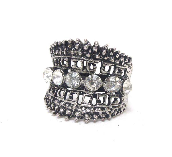 Crystal deco metal filigree adjustable ring