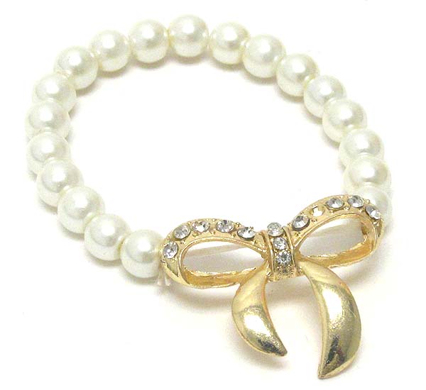 Crystal deco ribbon and pearl stretch bracelet