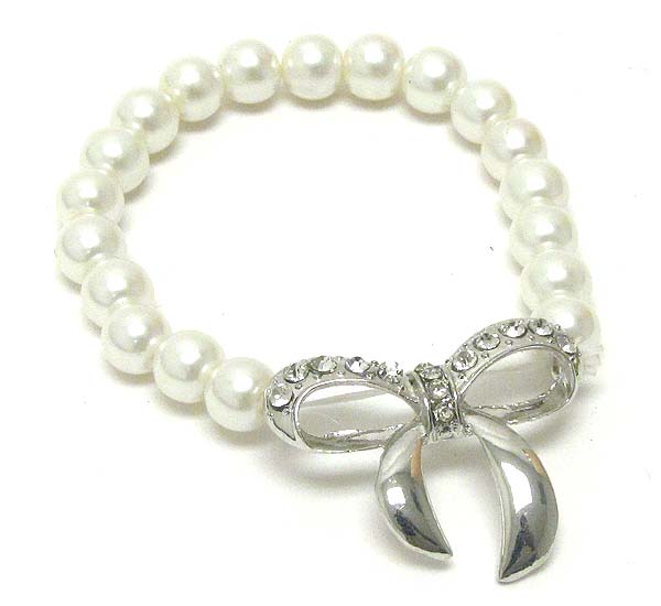 Crystal deco ribbon and pearl stretch bracelet