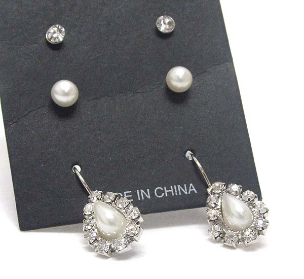 Crystal and teardrop pearl earring set of 3