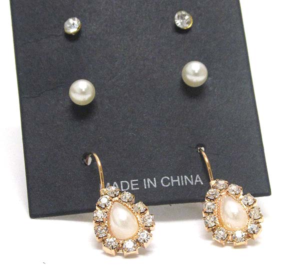 Crystal and teardrop pearl earring set of 3