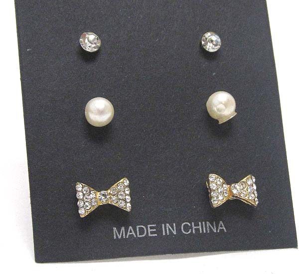 Crystal ribbon and pearl earring set of 3