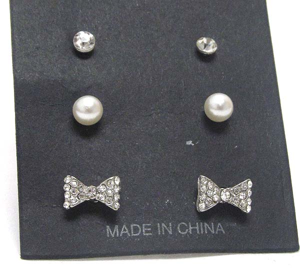 Crystal ribbon and pearl earring set of 3