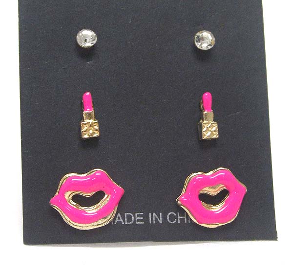 Epoxy lip and lipstick earring set of 3