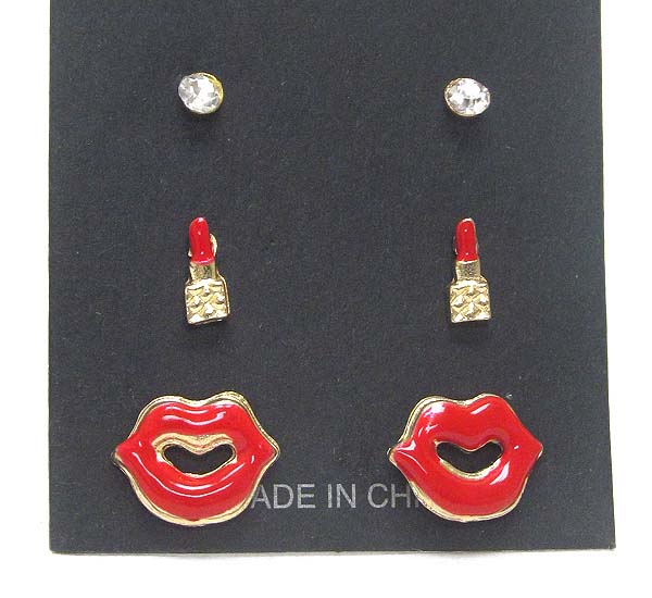 Epoxy lip and lipstick earring set of 3