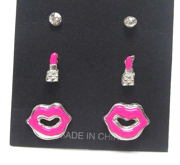 Epoxy lip and lipstick earring set of 3