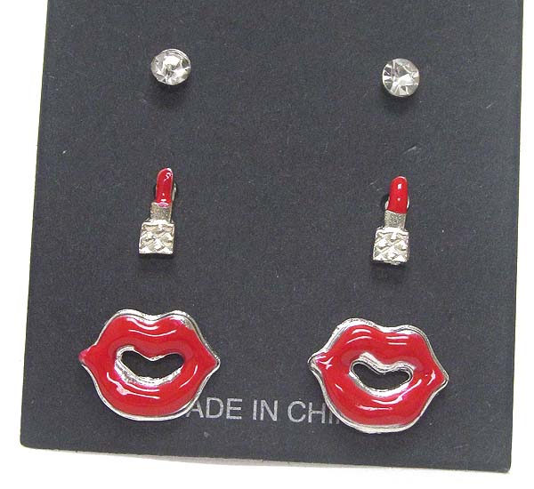 Epoxy lip and lipstick earring set of 3