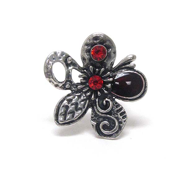 Crystal deco and metal filigree adjustable flower ring