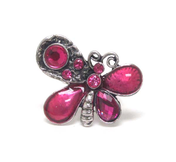 Crystal deco and metal filigree adjustable butterfly ring