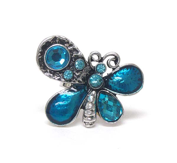 Crystal deco and metal filigree adjustable butterfly ring